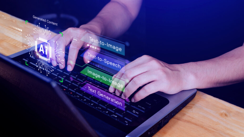 Mann tippt an einem PC, wo man AI Generated Content sieht