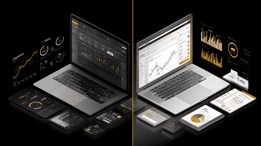 Splitscreen: Auf dem einen Laptop sieht man eine SEO Kampagne, auf dem anderen eine SEA Kampagne.