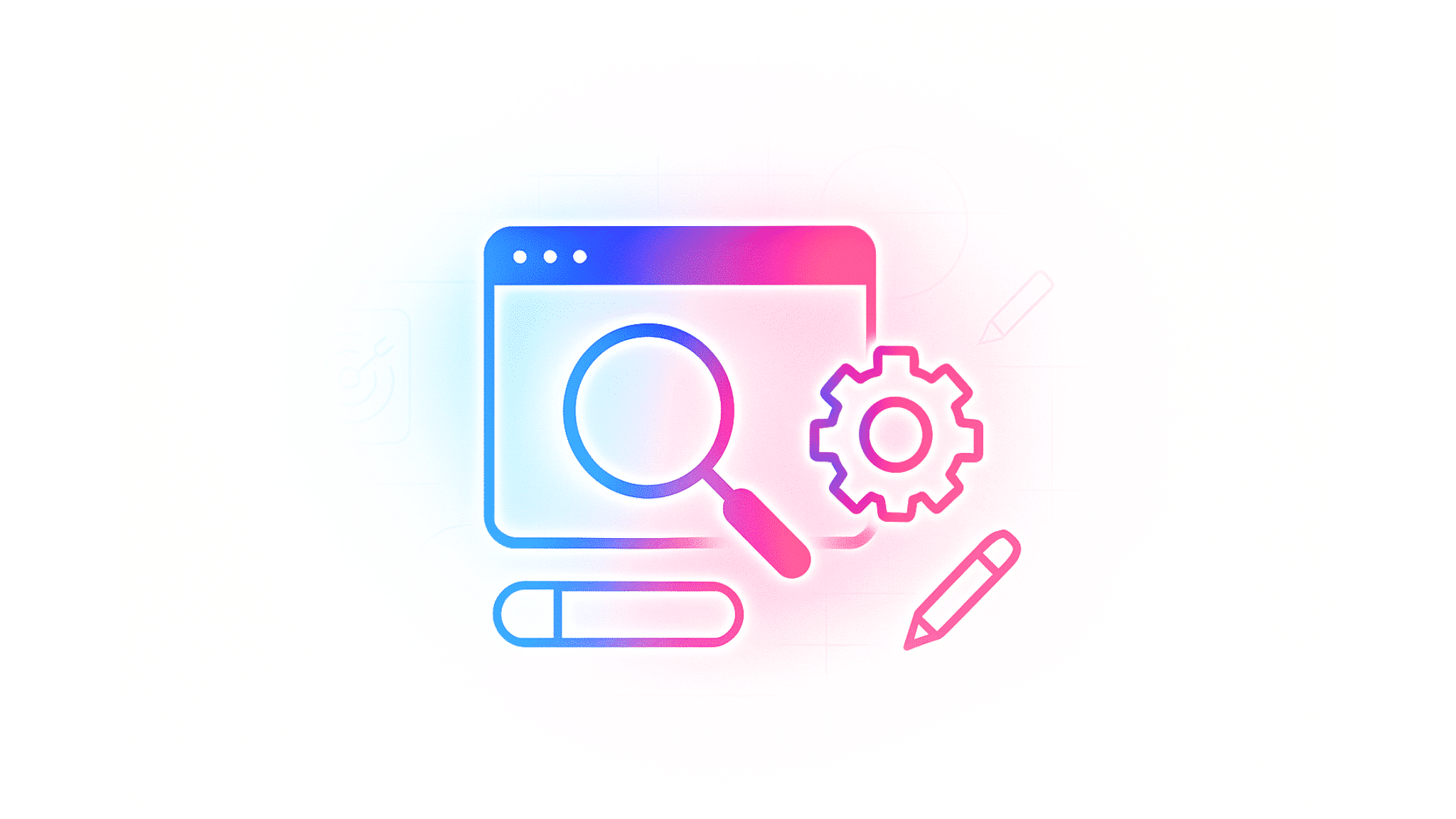 Zahnrad mit Browser, Stift und Suchleiste als Synonym für Konzeptentwicklung