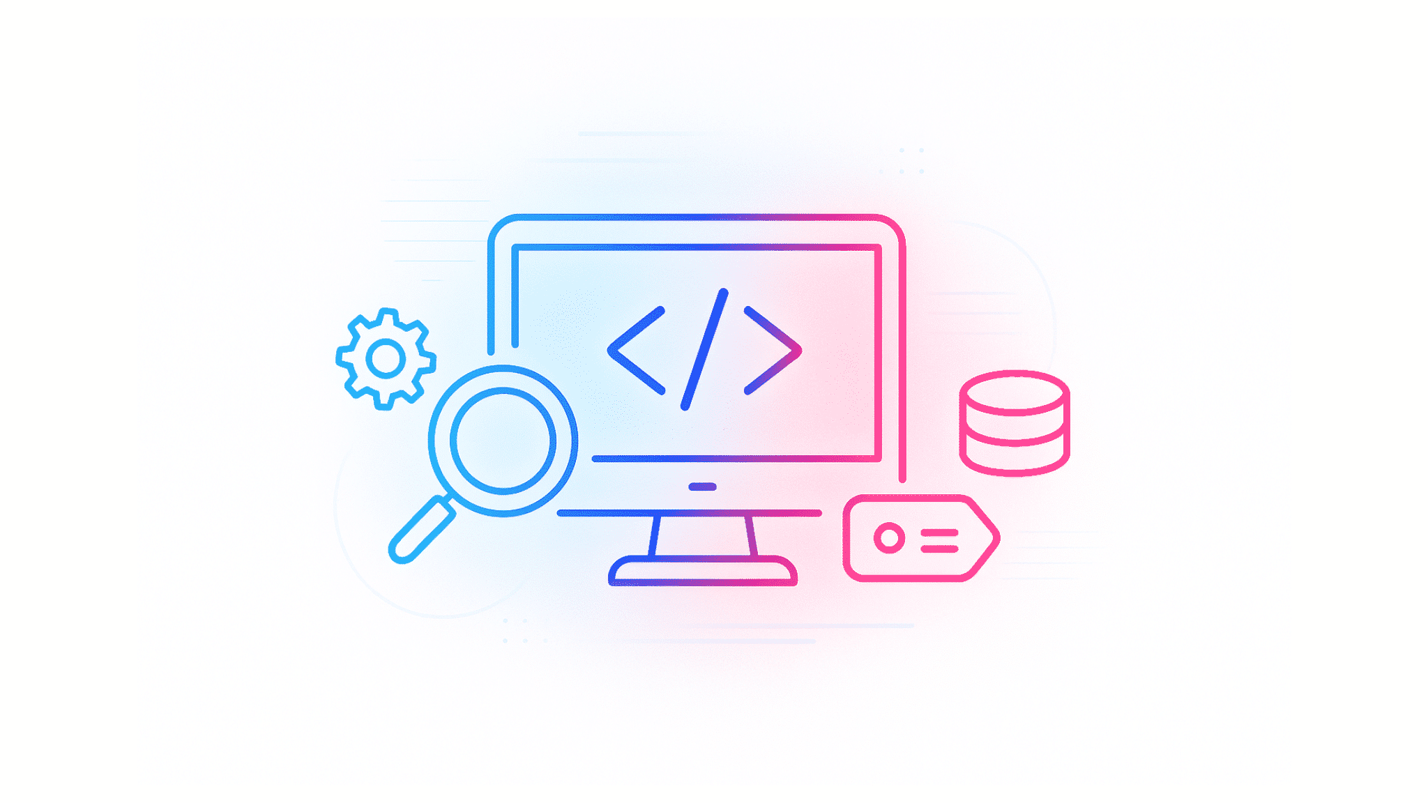 PC-Bildschirm mit Lupe und Coding-Symbol. Symbol für Webentwicklung, Programmierung und technische Analyse