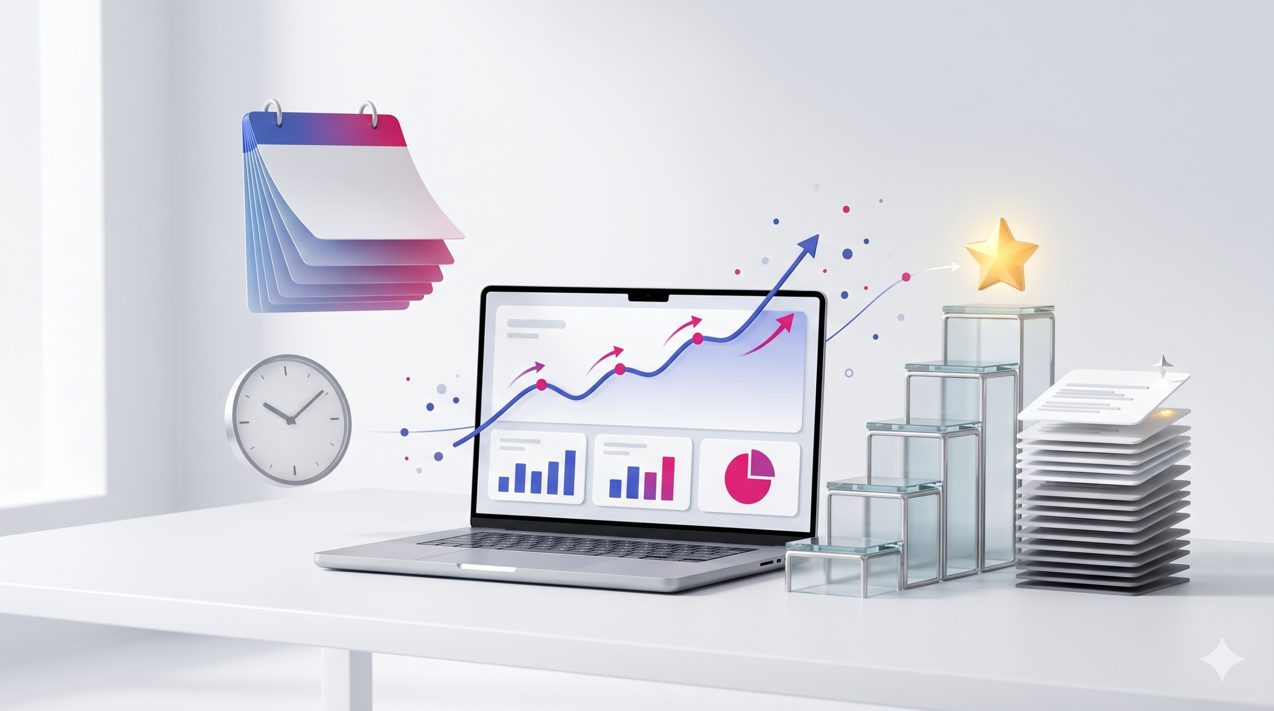 seo zeitplan mit wachstumskurve, kalender und ranking entwicklung